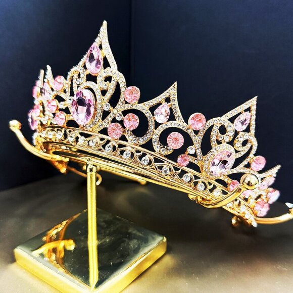 Gold Tiara and Crown for Women, Queen Crown, Princess Tiara, Pink Gemstone Tiara - Picture 2 of 5